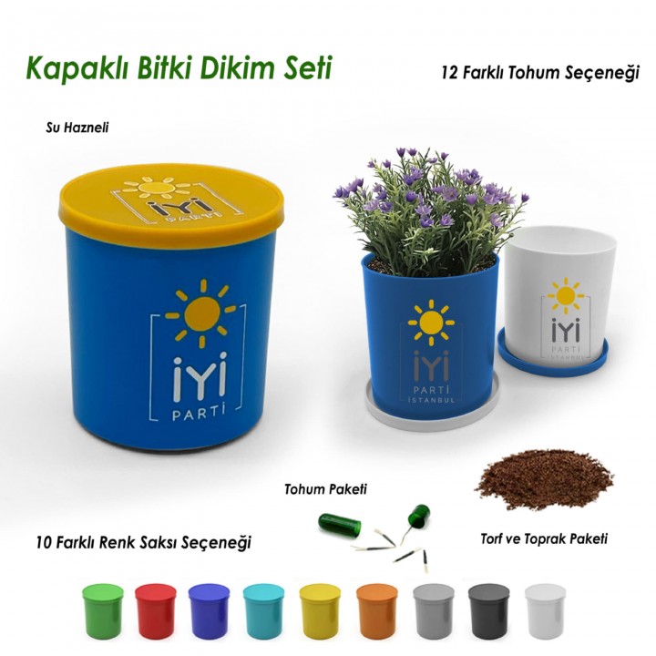 İYİ Parti Logolu Mavi Yuvarlak Kapaklı Su Hazneli Bitki Dikim Seti Tohum ve Toprak Paketli Promosyon Model